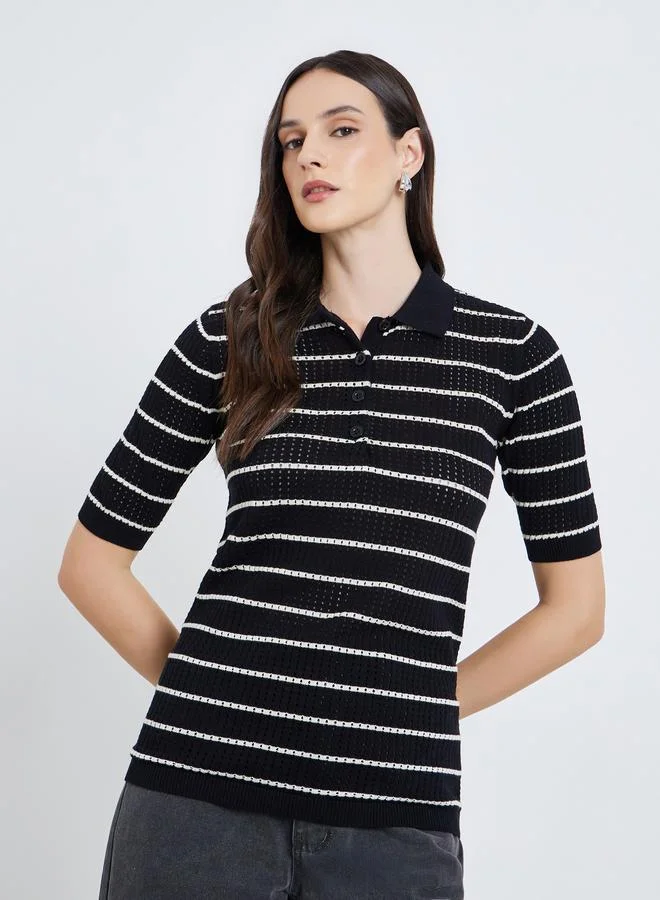 ستايلي تي شيرت بولو نسائي قطني مخطط محبوك